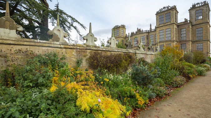 View along the herbaceous border towards the hall at Hardwick, Derbyshire